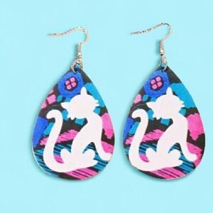 Colorful Cat Design Wood Teardrop Earrings